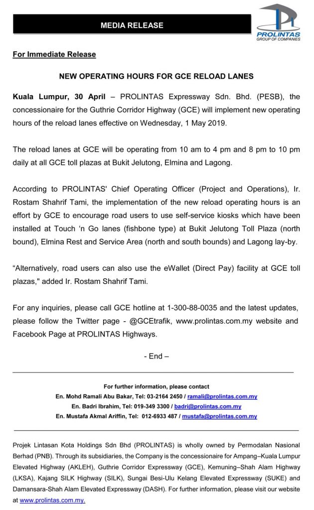 Prolintas NEW OPERATING HOURS FOR GCE RELOAD LANES